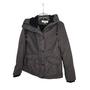 Sebby Womens Gray Hooded Utility Jacket Size Medium Snap Button Pockets Warm
